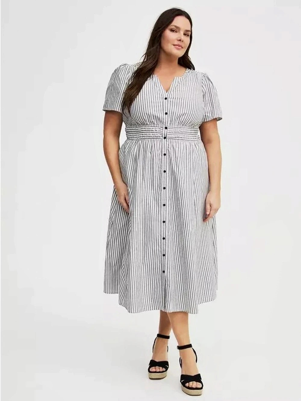 Torrid Button Down Midi Dress Striped White & Gray